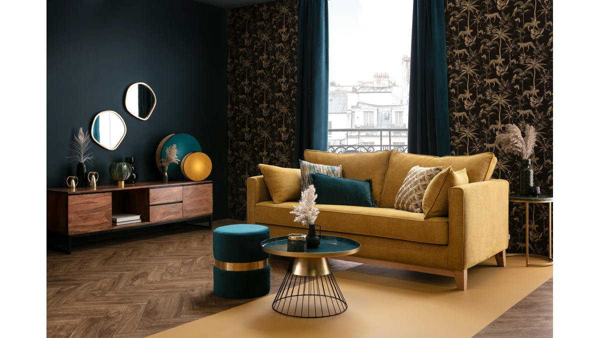 3-Sitzer-Designer-Sofa in pfauenblau und schwarzem Samt HARRISON - Miliboo |1| Stéphane Plaza
